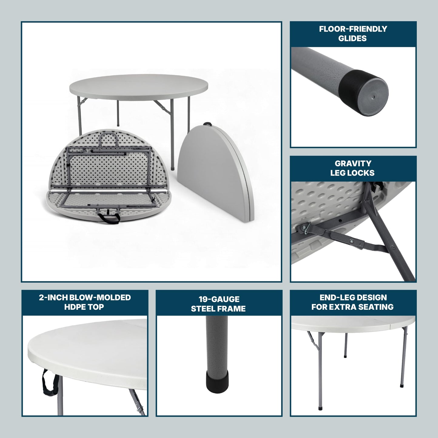 OEF Furnishings OEFCMFIH60R Commercial-Grade Premium Industrial Fold-in-Half Blow-Molded Folding Table with 19-Gauge Steel Frame and Thick Top (60" Diameter, Speckled Gray Top)