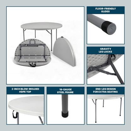 OEF Furnishings OEFCMFIH60R Commercial-Grade Premium Industrial Fold-in-Half Blow-Molded Folding Table with 19-Gauge Steel Frame and Thick Top (60" Diameter, Speckled Gray Top)