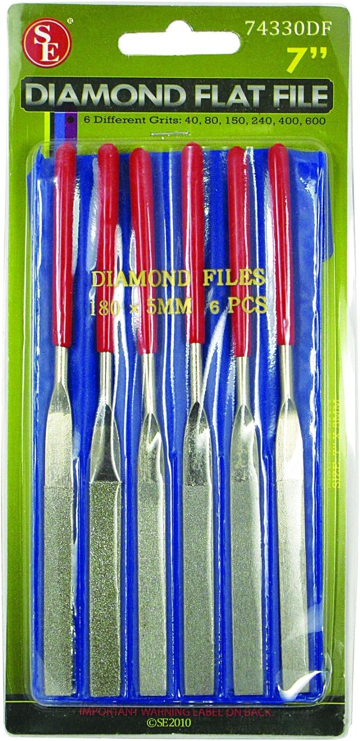 SE 74330DF 6-Piece Flat Diamond Grit File Set - Multi-Grit for Metals, Glass, Stones - 7" Length, 2" Diamond Surface, Round Handles - Includes PVC Pouch