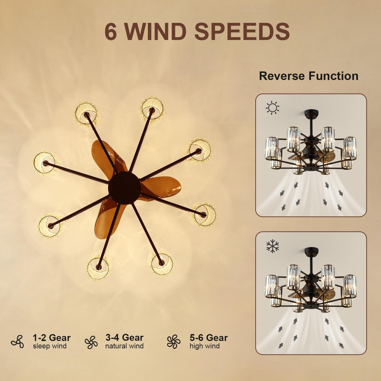 MOOONICHE Crystal Chandelier Ceiling Fan Vintage Fandelier Luxury Caged Ceiling Fan with Light and Remote for Dining Room Living Room Bedroom Kitchen Farmhouse Entry, Black, Dia 34 inch, 8 Lights
