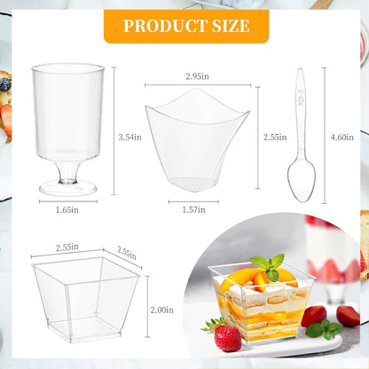 300 Packs 4oz 3 tchrules Dessert Cups with Spoons, Styles Mini Plastic Appetizer Cups, Clear Parfait Cup for Party