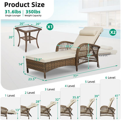 VIVIJASON 3 Pieces Outdoor Wicker Chaise Lounge Chair Set, All-Weather PE Rattan Cushioned Patio Lounger Set of 2 with Side Table, Adjustable Pool Sunbathing Recliner with Armrest & Pillow, Beige