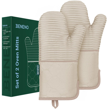 Beneno Kitchen Oven Mitts 2-Pack Heat Resistant to 500°F with Non-Slip Silicone Grip, Extra Long 14.3" Forearm Protection, Soft Quilted Cotton Terry Lining, Ideal for Cooking, Baking, Grilling, Beige
