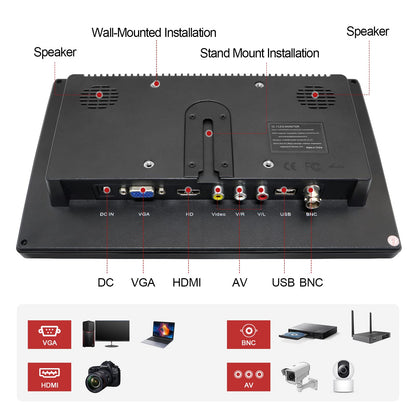 WHOLEV Security Monitor 10.1" FHD CCTV PC Monitor with VGA HDMI BNC AV USB Input Built-in Speaker 178 Wide Angle for Raspberry Pi Game Computer