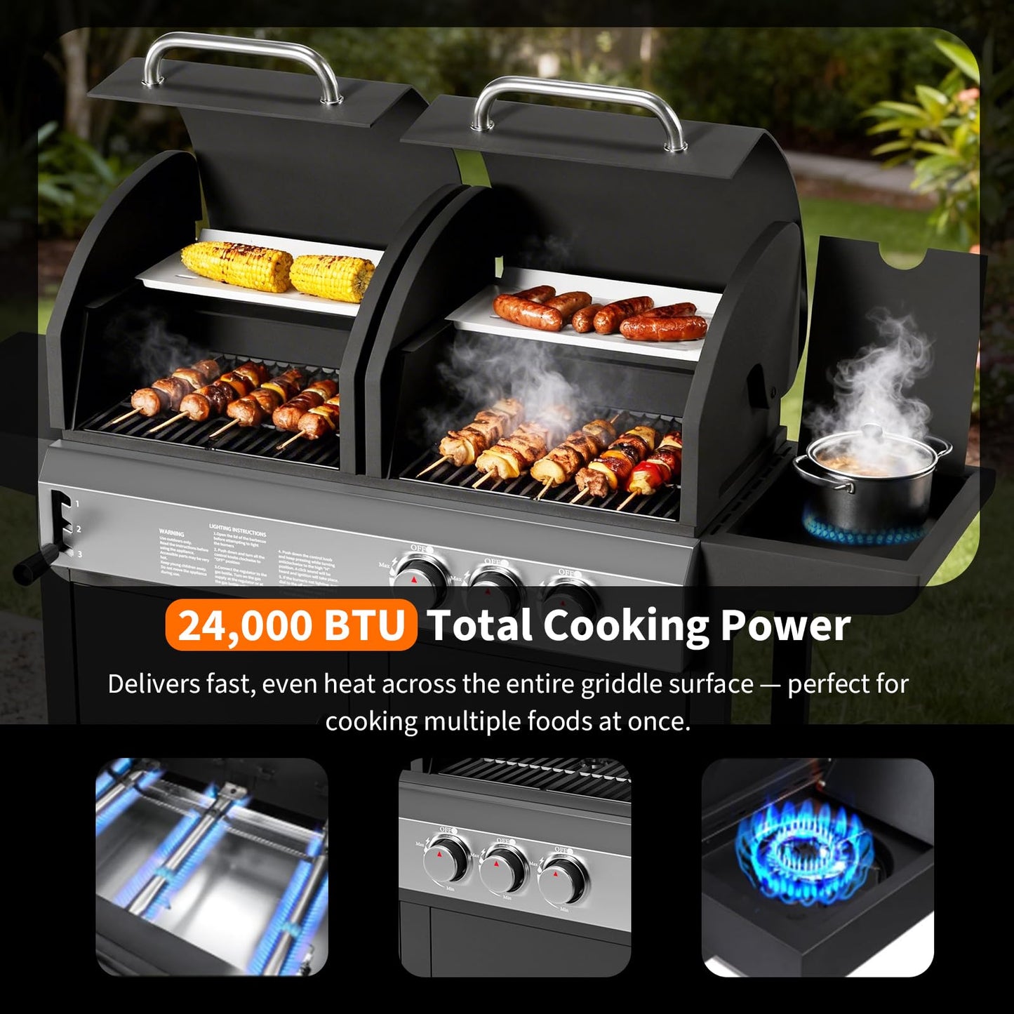 Garvee 3 Burner Propane Gas and Charcoal Grill Combo with Side Burner, Outdoor Dual Fuel Grill with Storage Cabinet for Patio & Party & Kitchen & Backyard Barbecue