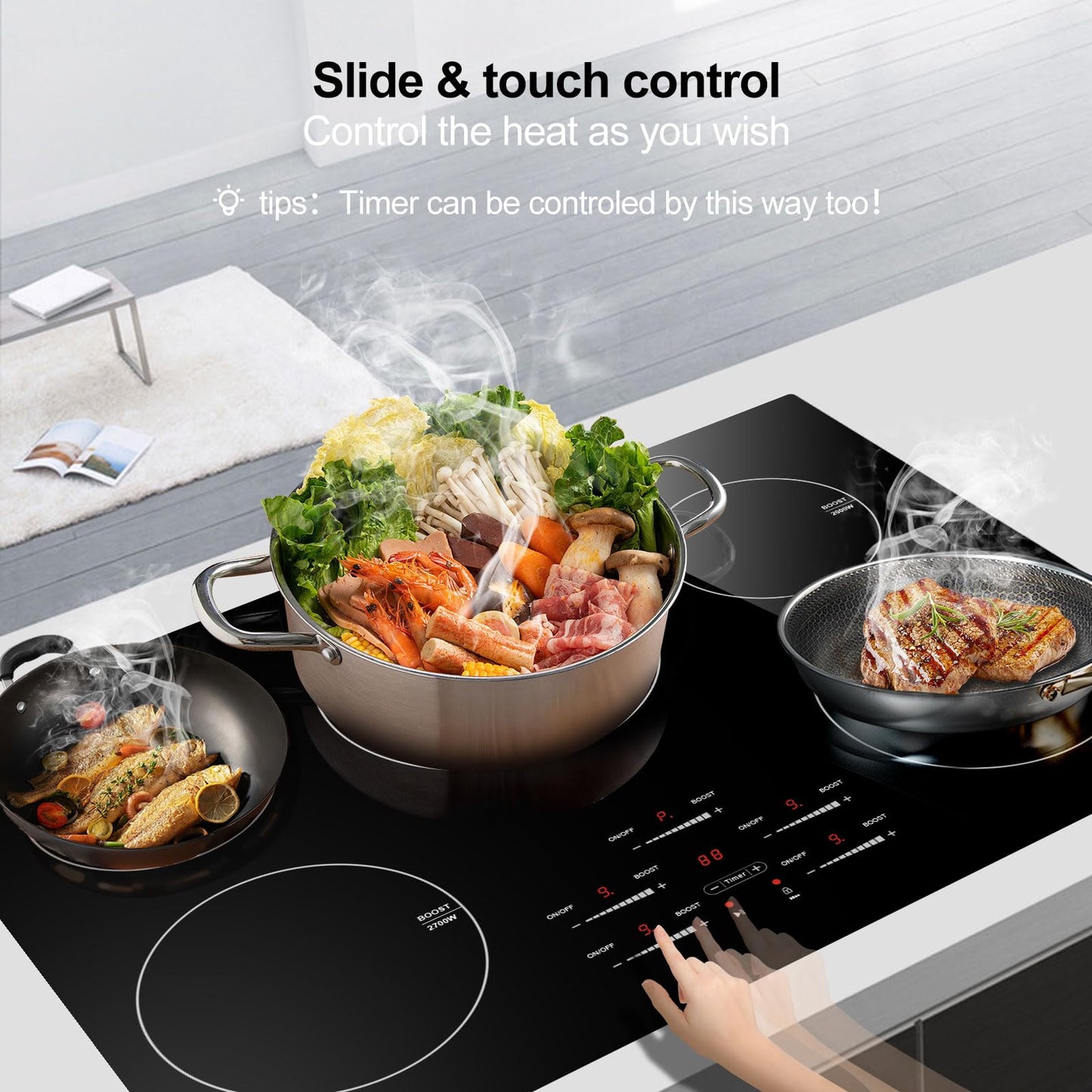 AMZCHEF 30 Inch 10600W Induction Cooktop With 5 BOOST Burners, 9 Levels Electric, Built-in Control by Slide Touchscreen, Child Safety Lock, Independent Timer, No Plug, 240V