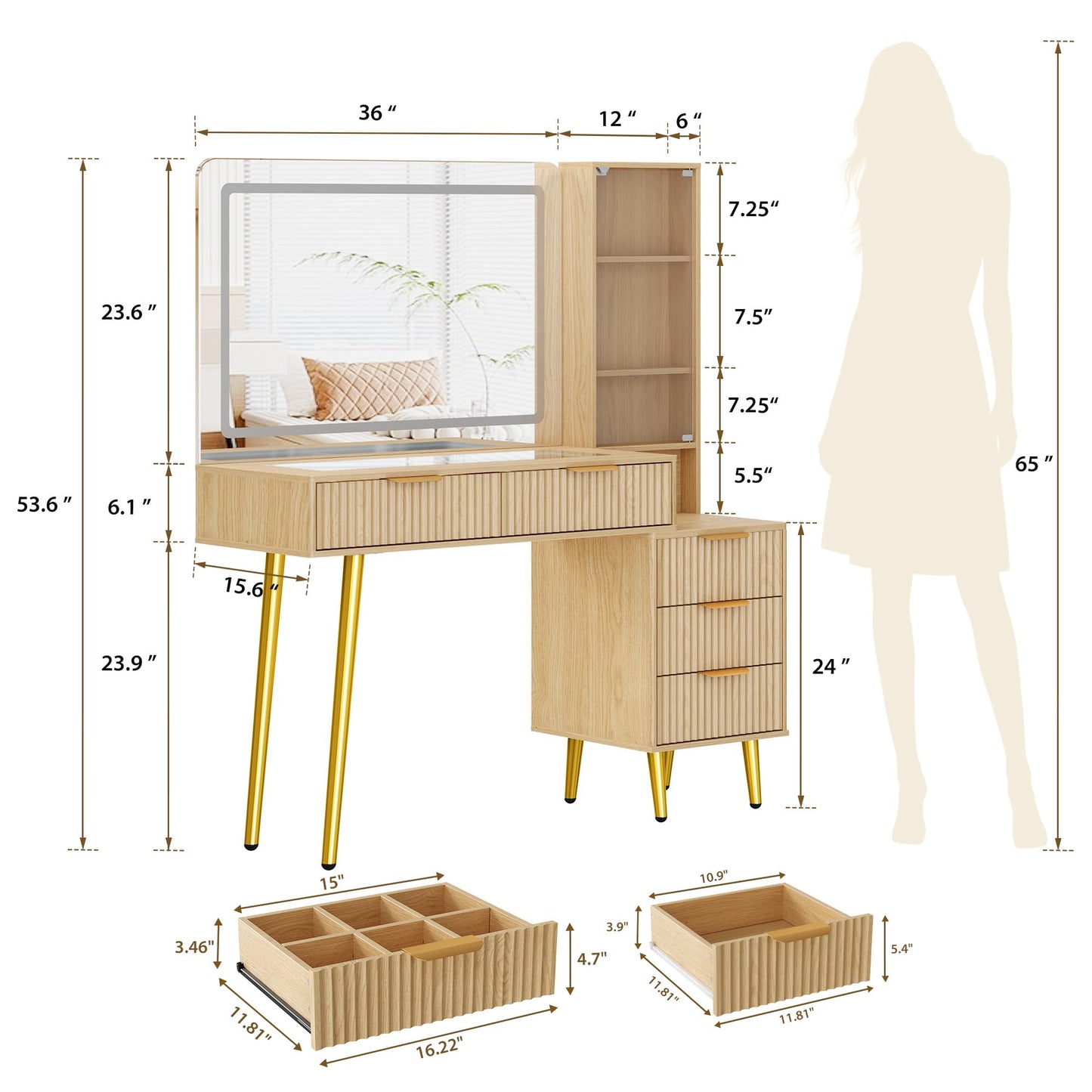 GarveeHome Fluted Makeup Vanity Desk with Lights, 48 in Big Vanity with Glass Top and Large 36" HD Lighted Mirror, Modern Dressing Table with 5 Drawers 3-Tier Shelves Set w/Charging Station (Oak)