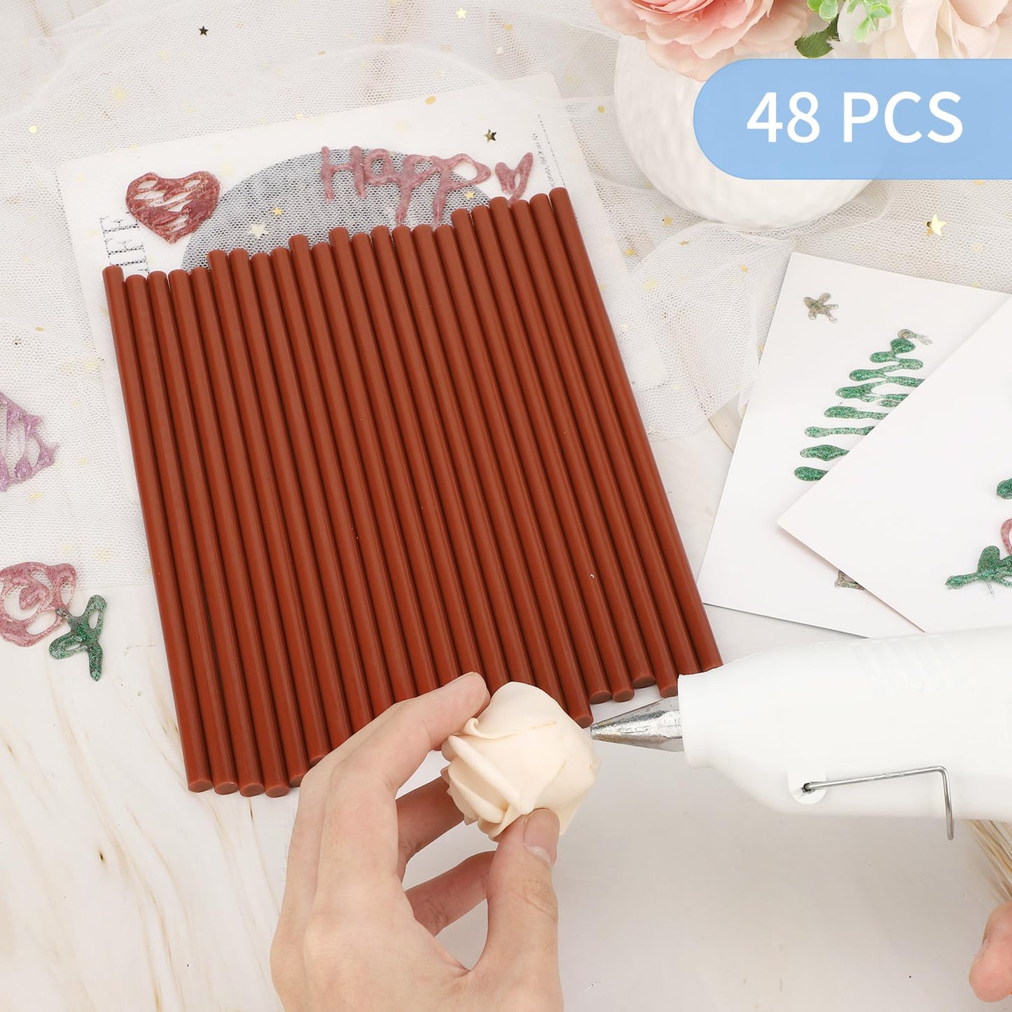 Manarty Hot Glue Sticks, 48PCS 0.27" Dia x 8" Long Mini Size Brown Glue Sticks Extra Long Melt Wax for Metal Wood Glass Fabrics DIY Art Craft School Projects Repairing Party Festival Home Decoration
