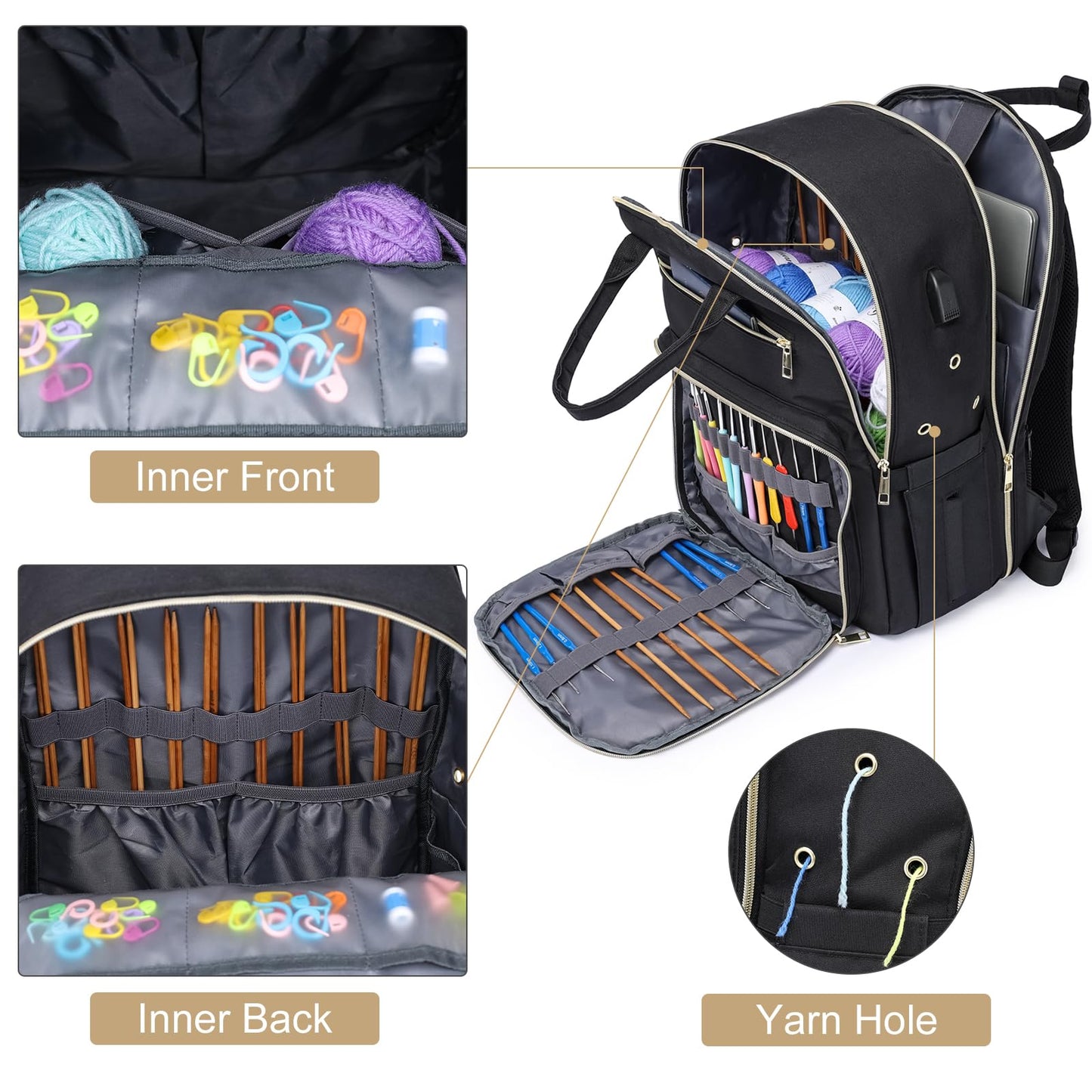 kadilong Knitting Bag Crochet Backpack for Crocheters,Yarn Organizer Storage for Knitters Travel,Large Capacity Crochet Bag Yarn Storage Tote Bag with USB Port Knitting Gifts for Women