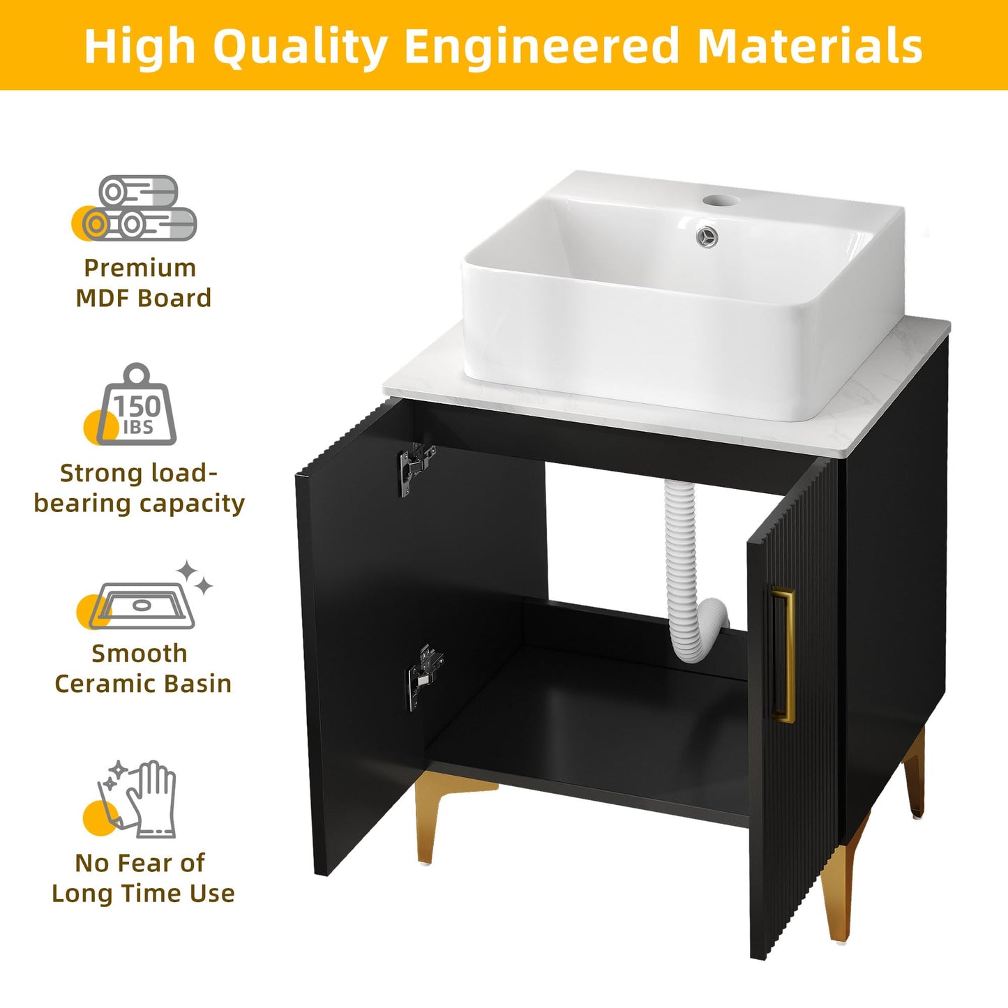 DWVO Bathroom Vanity 24 Inch with Counter Top Sink Combo, Modern Bathroom Storage Vanity Cabinet Set Included 2 Large Soft Closing Doors, Drain, Gold Handles & Legs, Black