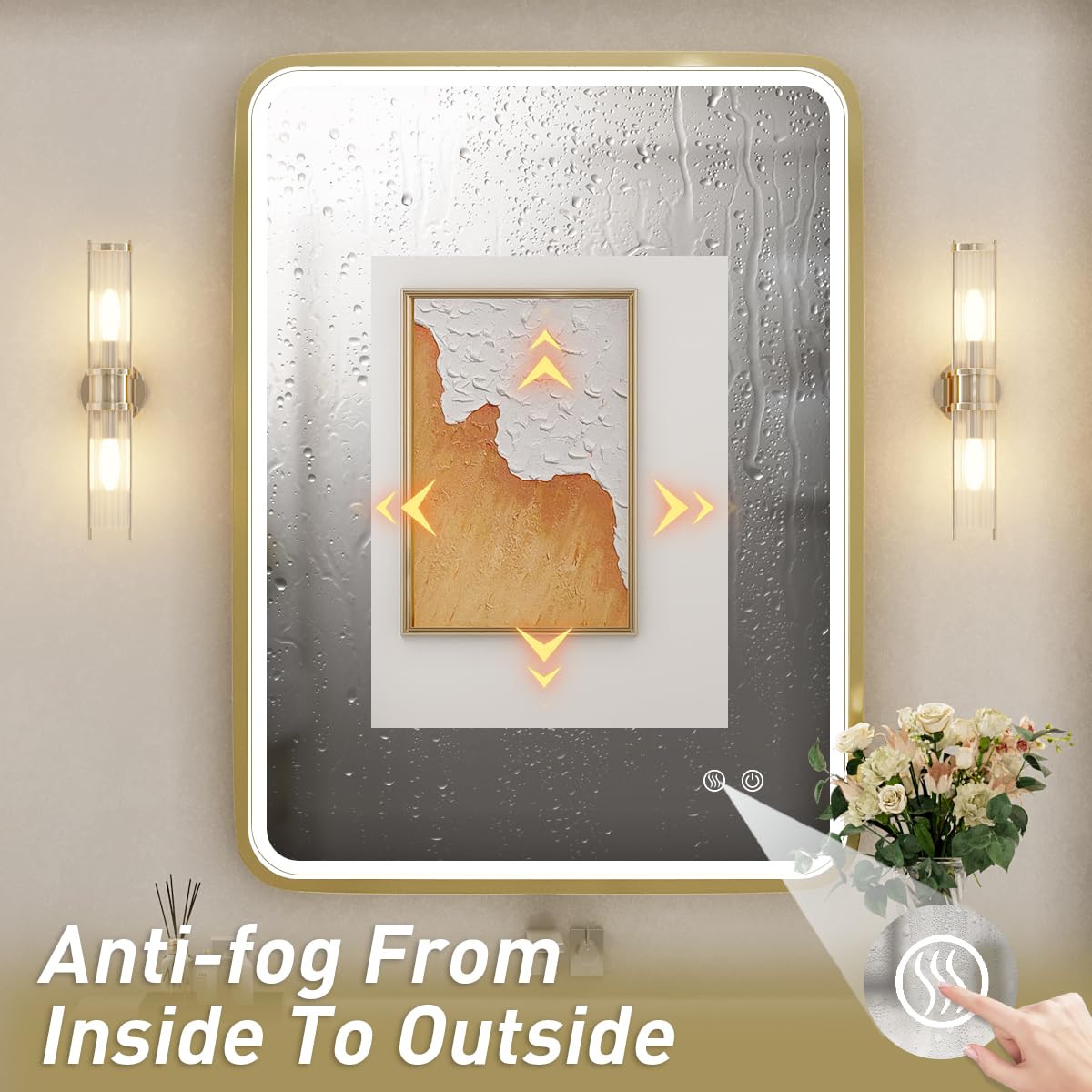 FTOTI 28x36 Inch LED Bathroom Mirror with lights,Wall Mounted Lighted Vanity Mirrors with Non-Rusting Gold Metal Frame Anti-Fog Memory Funtion Stepless Dimmable for Bathroom Decor(Horizontal&Vertical)