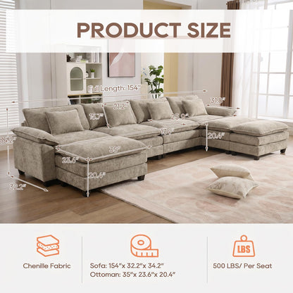 IPKIG 154" Modular Sectional Sofa, Chenille C-Shaped Sectional Couch Comfy Upholstered Seat Sofa with Ottoman, Deep Seat Cloud Couch Sofa for Living Room, Khaki