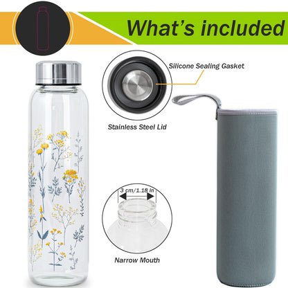 WENLIM Clear Water Bottle 16 oz BPA Free Glass Drinking Bottle for Juice with Stainless Steel Lid and Neoprene Sleeve (16 ounce, Scattered Flowers)