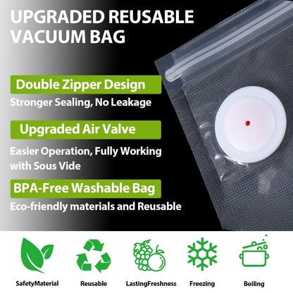 60 PCS Vacuum Sealer Bags for Food, BPA-Free Reusable Vacuum Zipper Bags with Upgraded Air Valve, Sous Vide & Meal Prep Vacuum Storage Bags, Compatible with Handheld & External Vacuum Sealer Machines