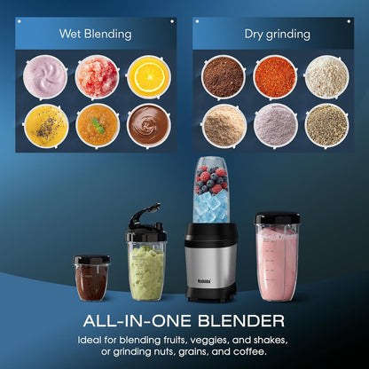Nahida Blender - 1200W Smoothie Blender for Ice Crushing | Personal Blenders with 2 Six-Fin Blades & Easy Go Cups (23oz, 32oz, 37oz) - Silver