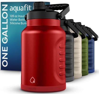 AQUAFIT 1 Gallon Insulated Water Bottle (Cold for 48 Hrs) - BPA Free & Leak Proof - 128oz Stainless Steel Jug - Big Water Bottle with Handle for Gym, Hiking, Camping & Travel (Hydrant Red)