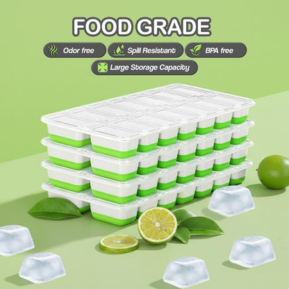 56pcs Ice Cube Tray with Lid and Bin – Stackable 4 Trays Silicone Plastic Freezer Mold, Large Ice Bucket with Scoop, Tong & 2 SS Straws – Easy Release Ice Maker for Cocktail, Coffee, RV, Whiskey