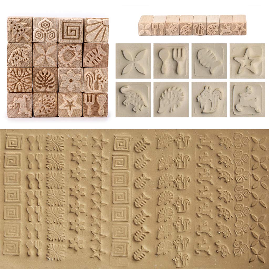 OwnMy Set of 16 Clay Modeling Pattern Stamp Kit, Wooden Clay Pottery Stamps Pottery Tool Wood Block Stamp, Clay Rolling Pin Textured Hand Roller Wooden Handle Pottery Tools Set