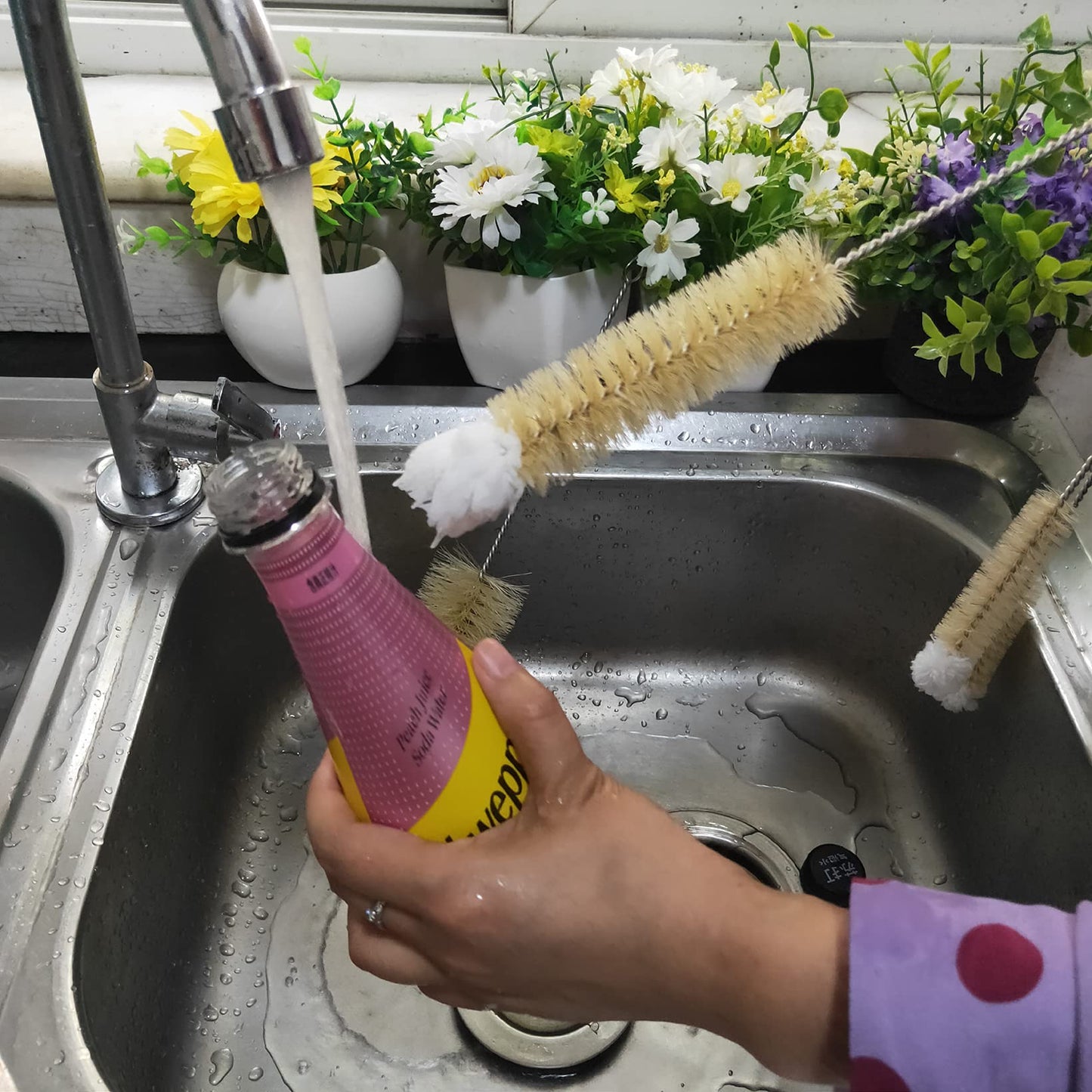 NewFerU Stainless Steel Soda Bottle Cleaning Brush in Natural Boar Bristle Wool Tip Long Handle, Flexible Bendable Thick Wire Cleaner for Narrow Neck Water Baby Bottles Straw Pipe Tube Flask (Big)