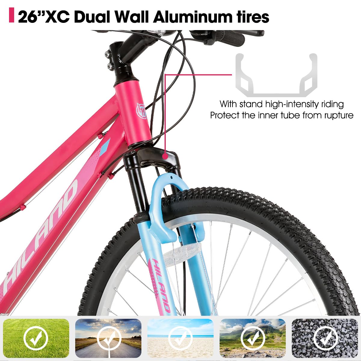 HH HILAND 26 Inch Womens Mountain Bike, with Step-Through Frame, 18 Speeds, Suspension Fork MTB, Bicycle for Women Men Adult Pink