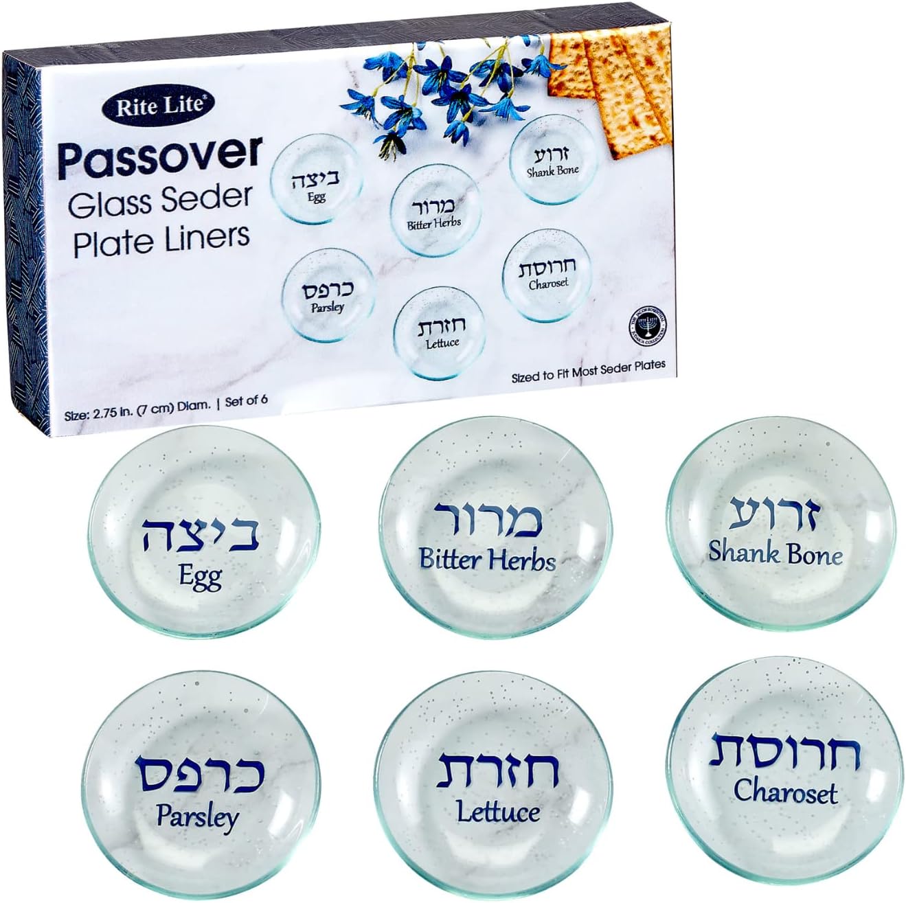 Rite Lite Passover Glass Seder Plate Liners, Set of 6, Hebrew & English Pesach Decor