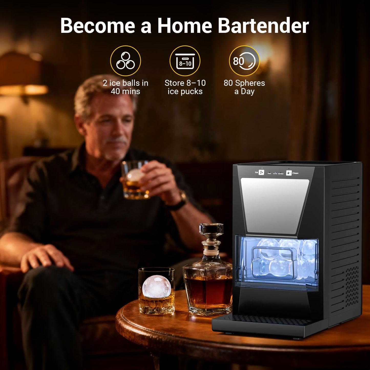 2" Clear Ice Ball Maker Machine 2 pcs in 40 Mins 80 pcs/Day Sphere Ice Maker with IcyGem Technology Self-Cleaning for Whiskey, Bourbon & Cocktails (2pcs)