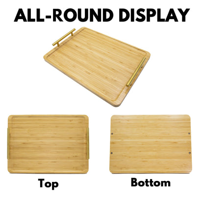 HAUSMODA 2 Pack Bamboo Serving Tray with Metal Handles, 15.8×11.4“ Solid Wooden Tray for Food, Rectangular Decorative Tray for Ottoman, Coffee Table, Living Room, Bathroom, Party