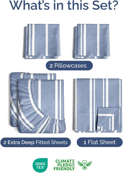 Skiennix Extra Deep Split King Sheet Set - 7 Piece Breathable Cooling Bedding - Soft Wrinkle-Free Blue Stripes