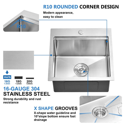 Scamall 18x18x10 Drop In Kitchen Sink Workstation, Brushed Silver 304 Stainless Steel Single Bowl with Quick Drainage & Tarnish-Free Surface for Bar, RV, Includes Accessories