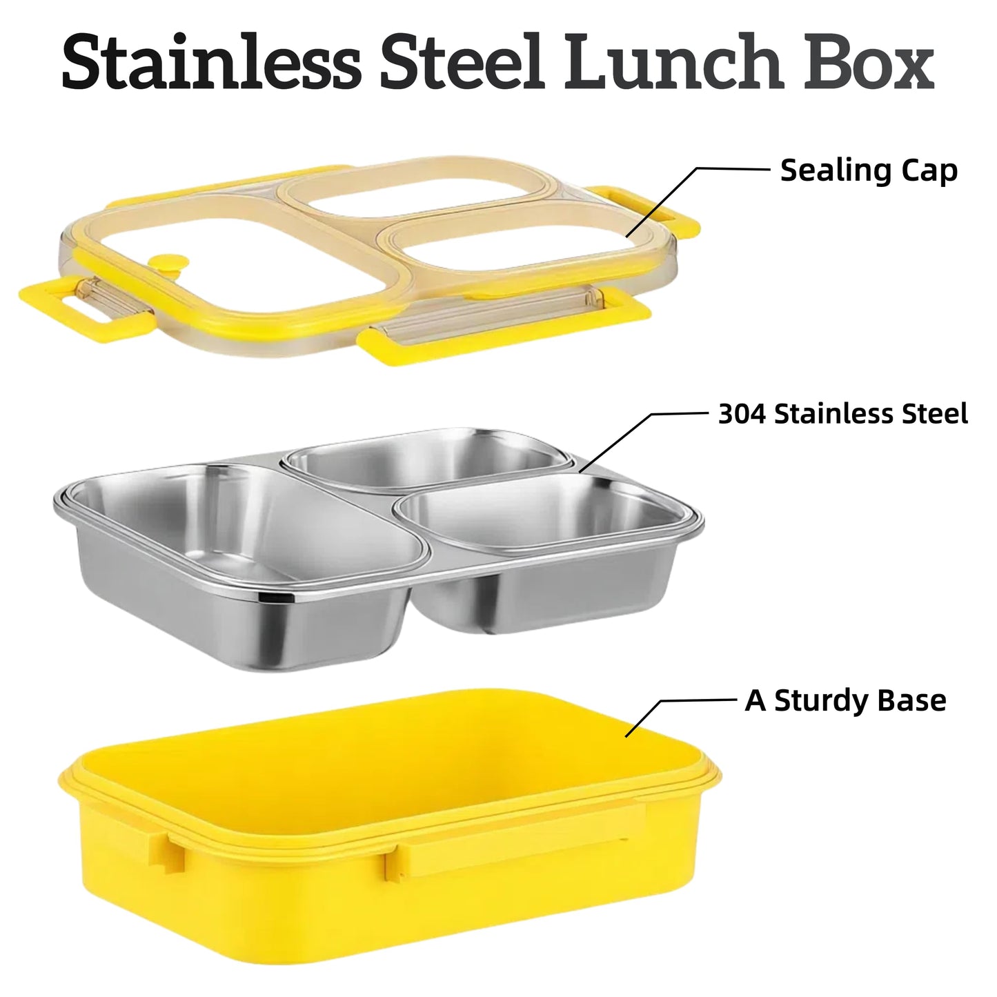 Eechen Charm Stainless Steel Lunch Box, 3 Compartment Bento Box for Kids & Adults, Leakproof Metal Food Container for School, Work, Picnic, Easy to Clean (Yellow)