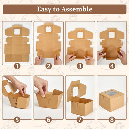 TAOUNOA 80 Pack 4x4x2.5 Inch Cookie Boxes with Window, Kraft Bakery Boxes for Cupcakes, Desserts Treats, Clear View Eco-Friendly Gift Packaging for Baked Goods Party (Brown, 20 pcs Easy to Secure)