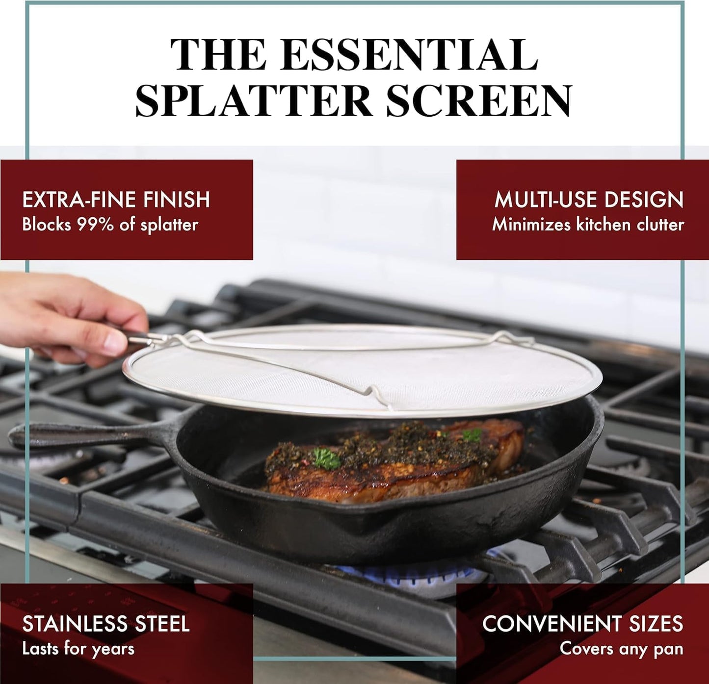 Stainless Steel Grease Splatter Guard, Fine Mesh Cover, Grease & Oil, Splatter Screen for Frying Pan, Cooking Pots, with Comfort Grip Handles (9.5/11.5/13 inches)