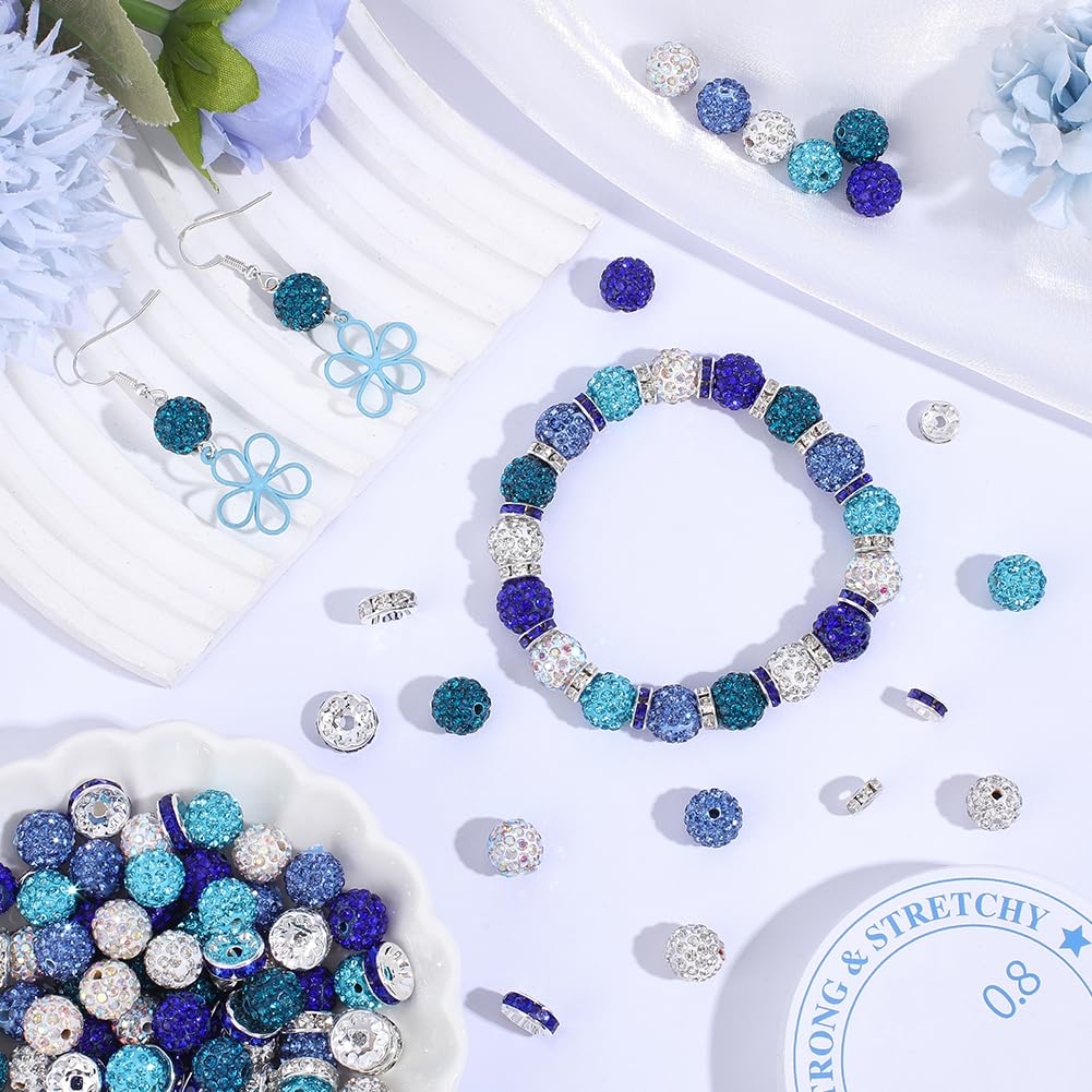 PONABEADIY 150PCS Blue Rhinstone Sparkly Beads Kit with Elastic Crystal Thread Round Spacer Polymer Clay Iron Brass Charms Loose Spacer Bead Bulk for Jewelry Making Bracelets Necklace DIY Craft Supply