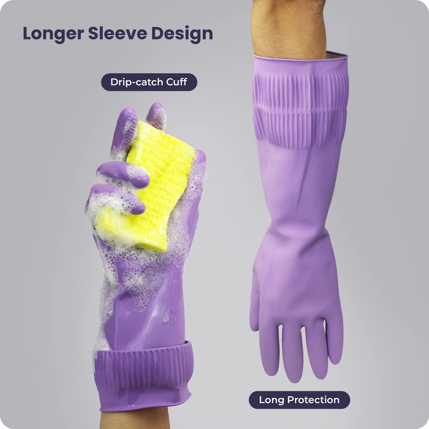 FMP Brands Dishwashing Gloves, 12 Pairs, 15 Inch Extra Long Rubber Gloves for Washing Dishes, Non-Slip Design, Medium, Purple