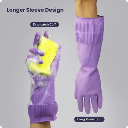 FMP Brands Dishwashing Gloves, 12 Pairs, 15 Inch Extra Long Rubber Gloves for Washing Dishes, Non-Slip Design, Medium, Purple