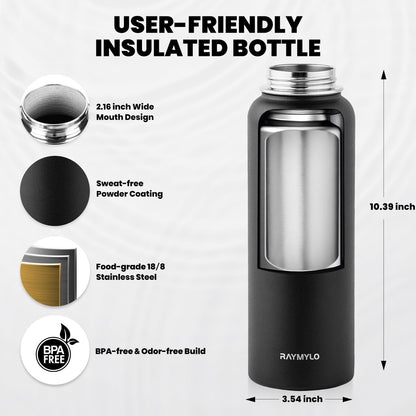 RAYMYLO Insulated Water Bottle 40 oz, Triple Wall Vacuum Stainless Steel (Cold for 36Hrs, Hot for 18Hrs), Leak Proof & Non-BPA, Modern Water Flask Jug with Paracord Handle & Straw Spout Lids