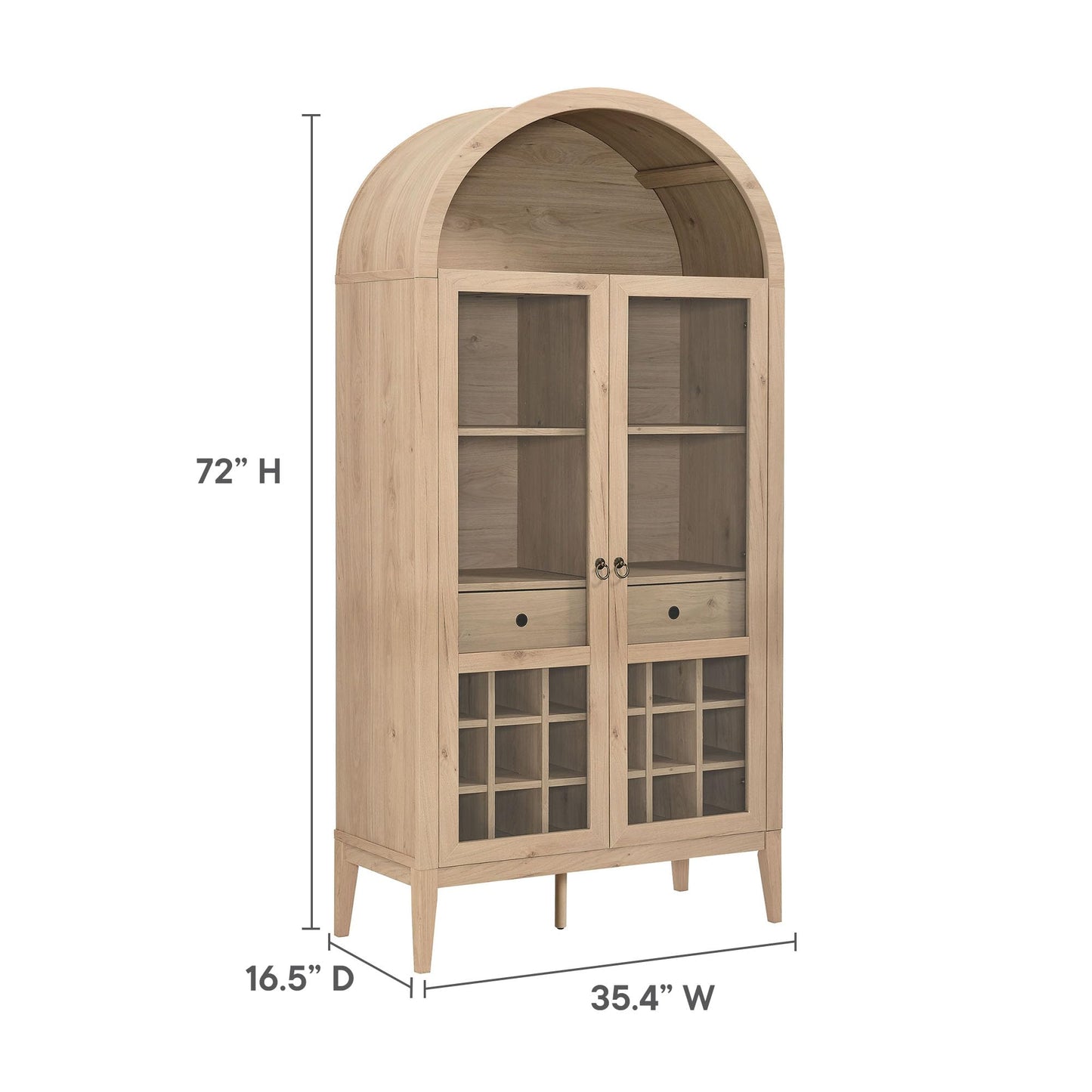 Modway Nolan Modern Farmhouse Arched Bar Cabinet in Light Oak Wood Grain - 72 Inch Tall Wine Storage Cabinet with Glass Doors and Wine Rack - Large Liquor Cabinet for Dining or Living Room