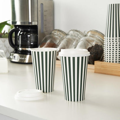 Restaurantware 16 Ounce Disposable Coffee Cups With Lids, 400 Hot Cups With Lids - Sleeves Sold Separately, Single Wall, Forest Green And White Stripe Paper Coffee Cups, For Coffee And More