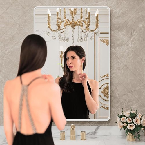 LOAAO Bathroom Mirror - 28x36 Inch White Metal Framed | Large Rounded Rectangle, Anti-Rust, Versatile Hanging