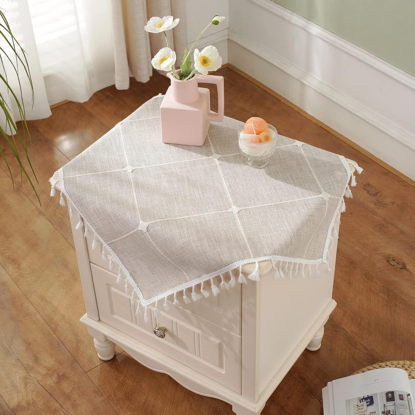 24 24 Inch Square Small Bedside Tablecloth Cotton Linen Light Brown Lattice Dust-Proof Washable Table Cover Boho