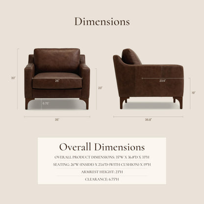 Poly & BARK Sorrento Leather Lounge Chair – Full-Grain Chocolate Brown Leather Upholstery with Feather-Blend Cushions – Modern Upholstered Accent Chair for Bedroom or Living Room – Lounge Seating