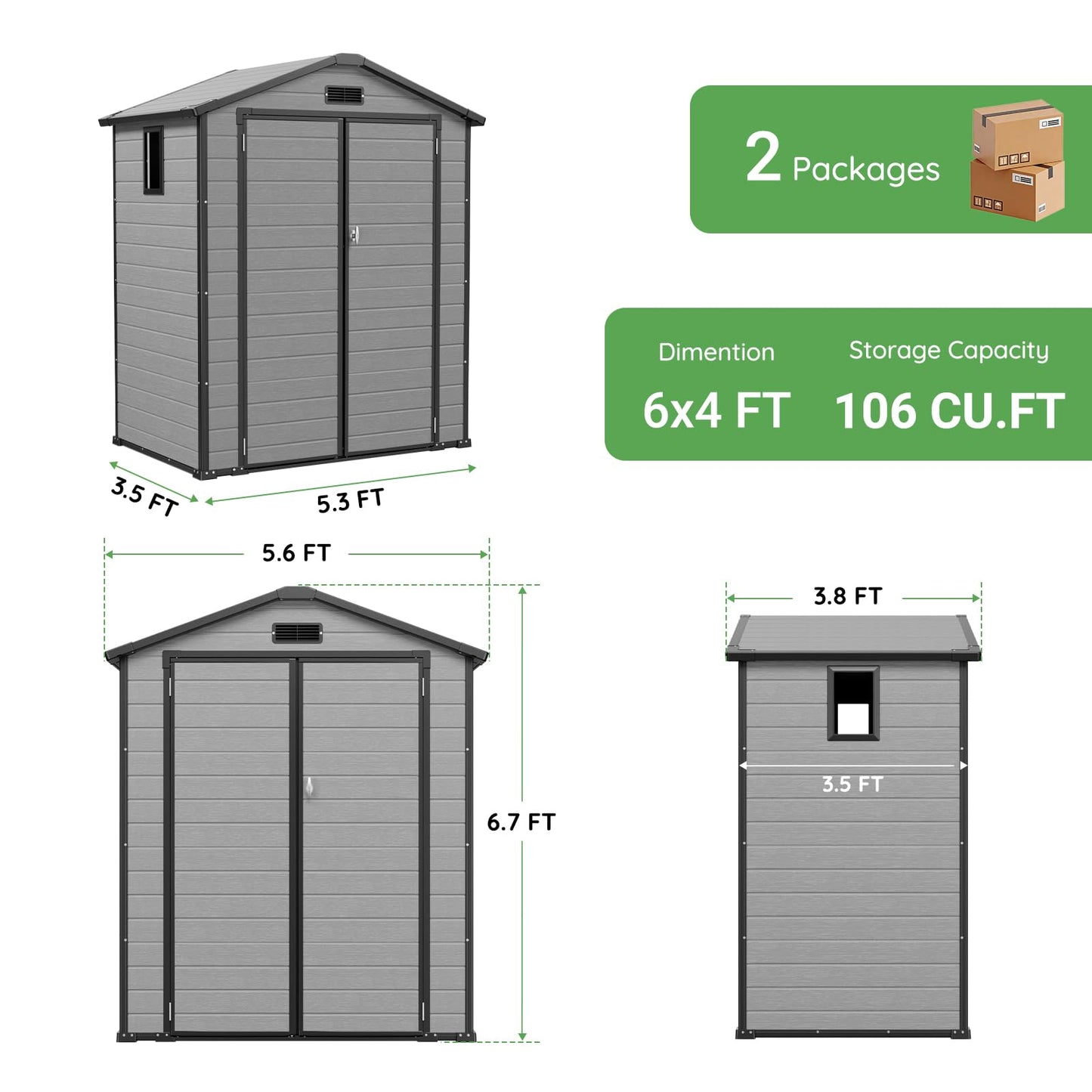 5.5x4 FT Resin Storage Shed with Floor, Easy Assemly Outdoor Small Plastic Shed with 2 Doors & 2 Windows, Locable Storage Garden Shed for Bike Lawn Mower Garbage Can