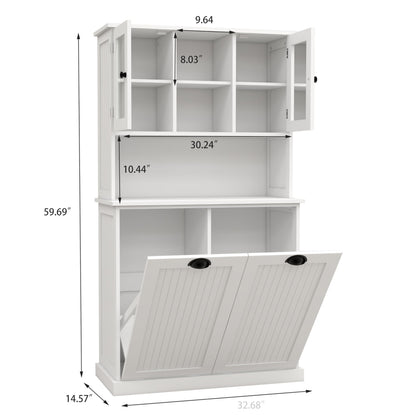 Knocbel Tilt-Out Laundry Sorter with 2 Removable Bags and Adjustable Shelves, Tall Bathroom Floor Cabinet Laundry Hamper (White 59")