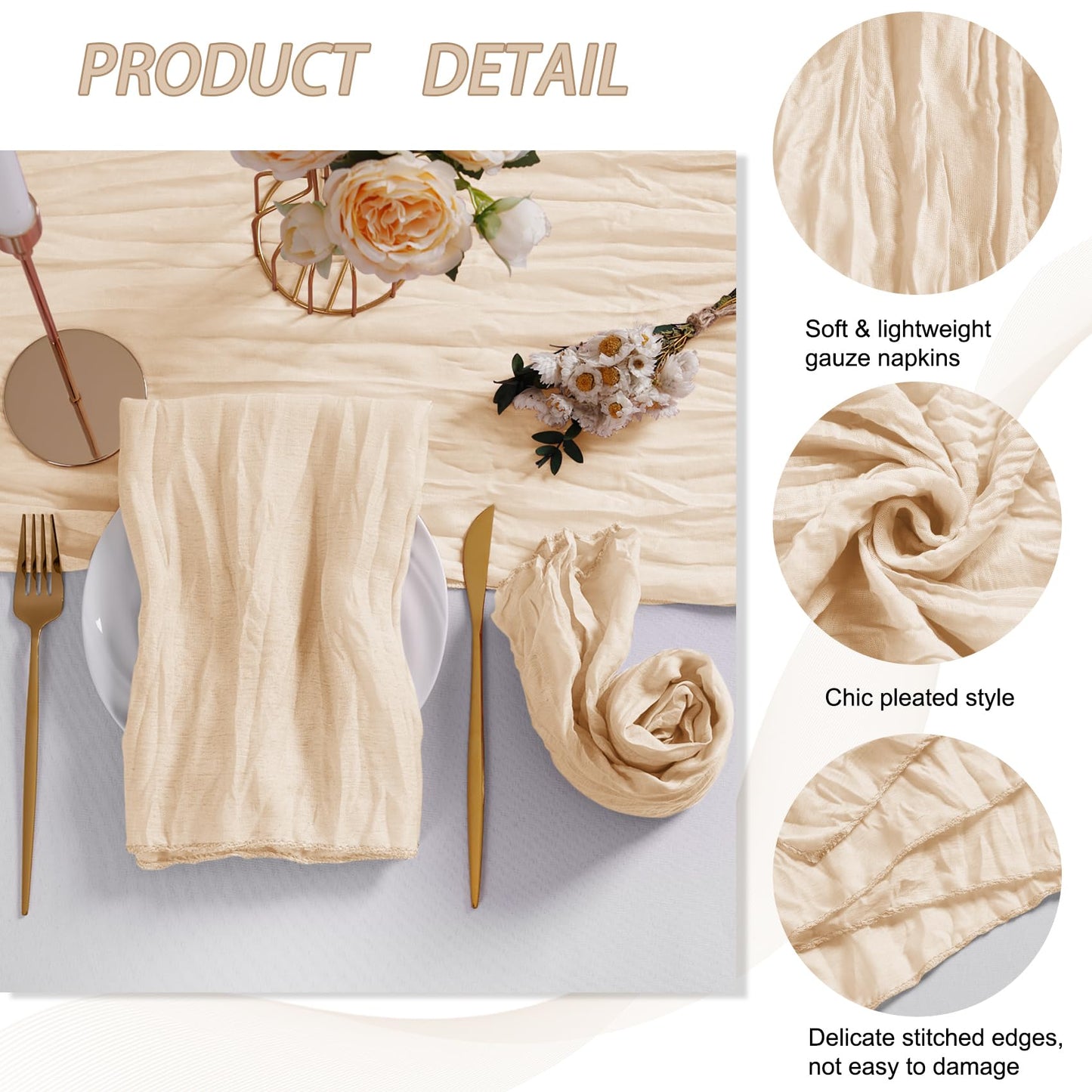 LZY 120 Pack Gauze Cheesecloth Napkins 20x20 Inch Dinner Cloth Napkins, Soft Boho Table Napkins Rustic Wrinkled Cheese Cloth Napkins Bulk for Wedding Party Baby Shower Event Decor (Ivory)