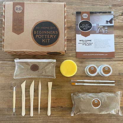 Clay Play at Home DIY Beginner Pottery Kit for Adults with Instructions and Online Tutorials, Air Dry Sculpting Clay, Tool Kit, Base Coat and Sealant for Date Night or Hobbist