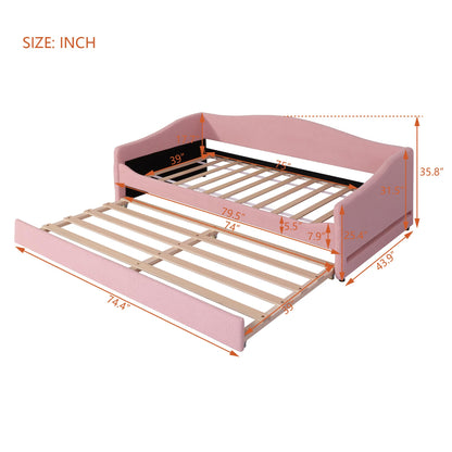 Twin Size Upholstered Daybed with Trundle,Teddy Fleece Twin Daybed Frame,Twin Day Bed with LED Light,Tufted Sofa Bed Daybed for Bedroom,Living Room,Guest,Pink