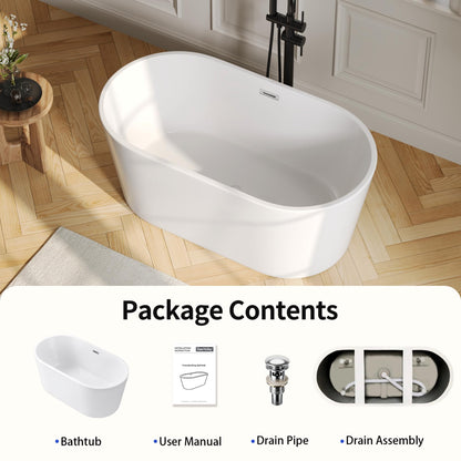 DeerValley 55" Acrylic Freestanding Bathtub, Deep Soaking Tub with Center Drain & Integrated Overflow, White Standalone Shower Tub Ergonomic Design, DV-1T0582