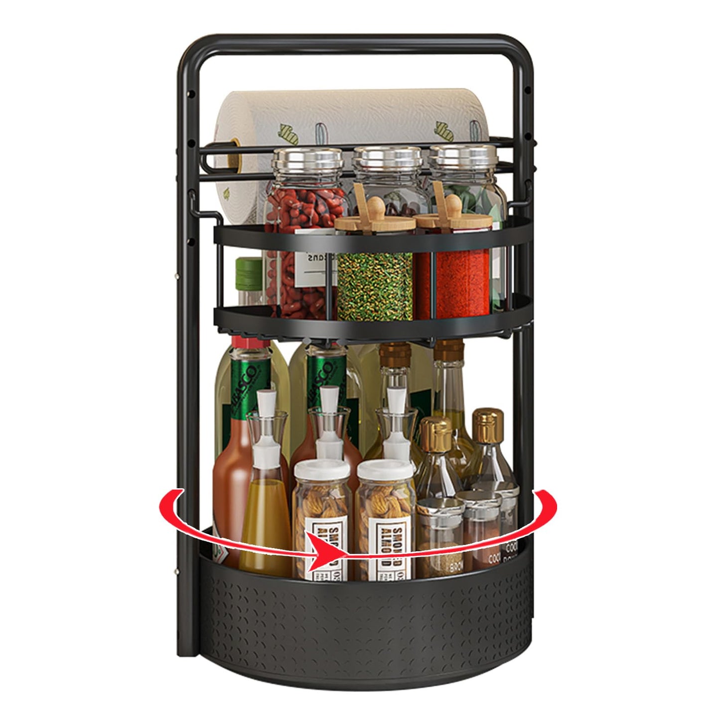 CLOKTA Rotating Spice Rack with Paper Towel Holder, 2 Tier Turntable Lazy Susan, Seasoning Organizer for Kitchen Countertop Cabinet, Black