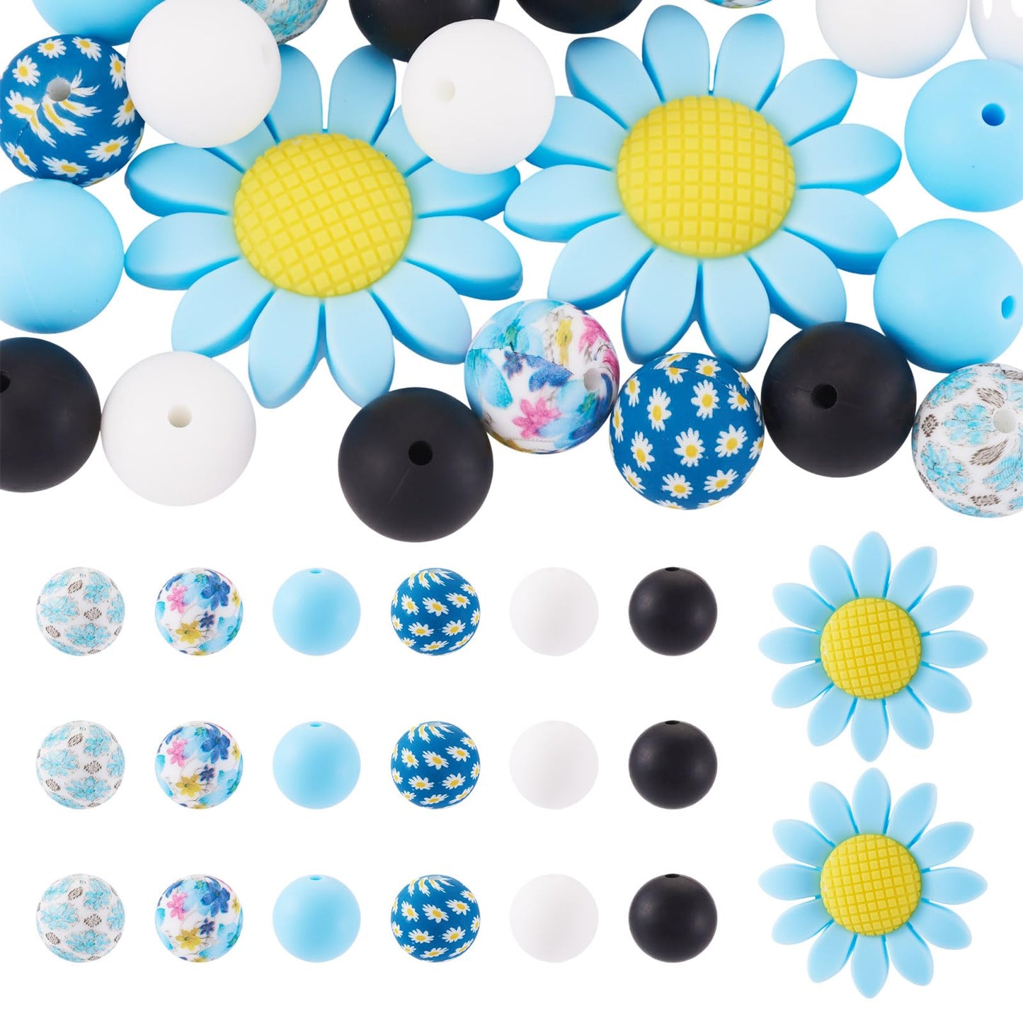 Bestewelry 23Pcs Spring Summer Theme Sunflower Silicone Focal Beads Turquoise Daisy Silicone Beads 15mm Round Rubber Bead for Pen Keychain Making Bracelet Necklace Making DIY Craft