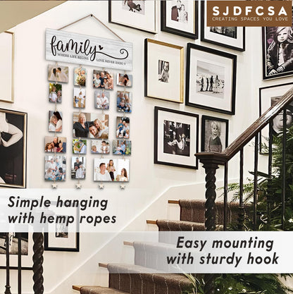 SJDFCSA Family Picture Frames Collage Photo Hanging Display Picture Board, Family Picture Frames Collage Wall Decor, Familys Where Life Begins Love Never Ends Home Living Room Bedroom Wall Decor XXXK